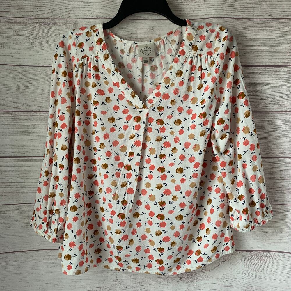 St. John's Bay Pink and Brown Floral Blouse V-Neck 3/4 Sleeves Size M